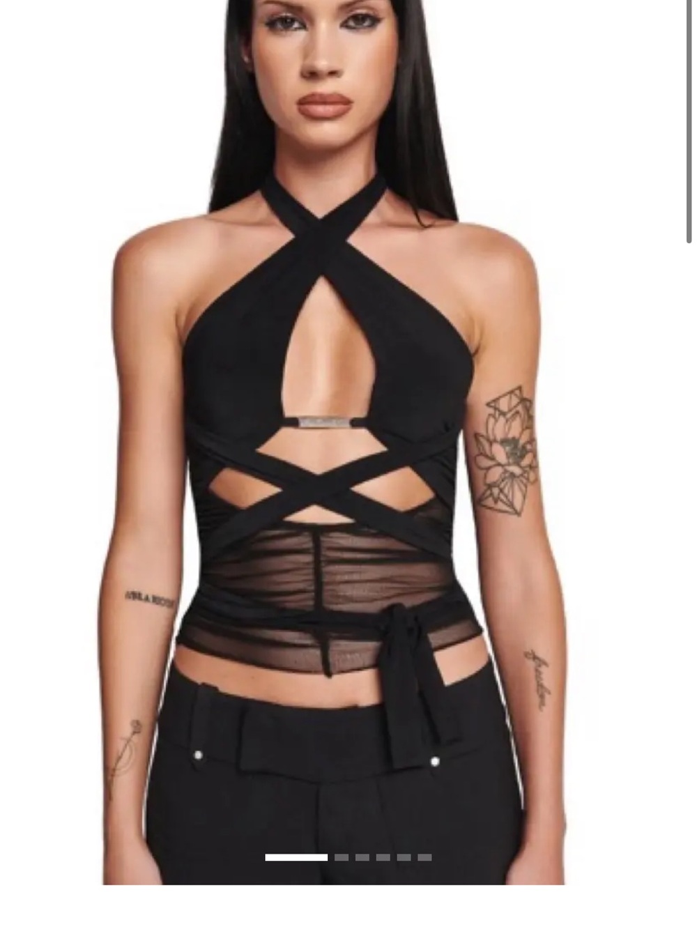 I.AM.GIA Black Crisscross Halter Mesh Tie-Waist Camisole